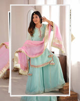 Sky Mint Embroidered Sharara Suit Set with Dupatta