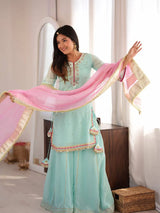 Sky Mint Embroidered Sharara Suit Set with Dupatta