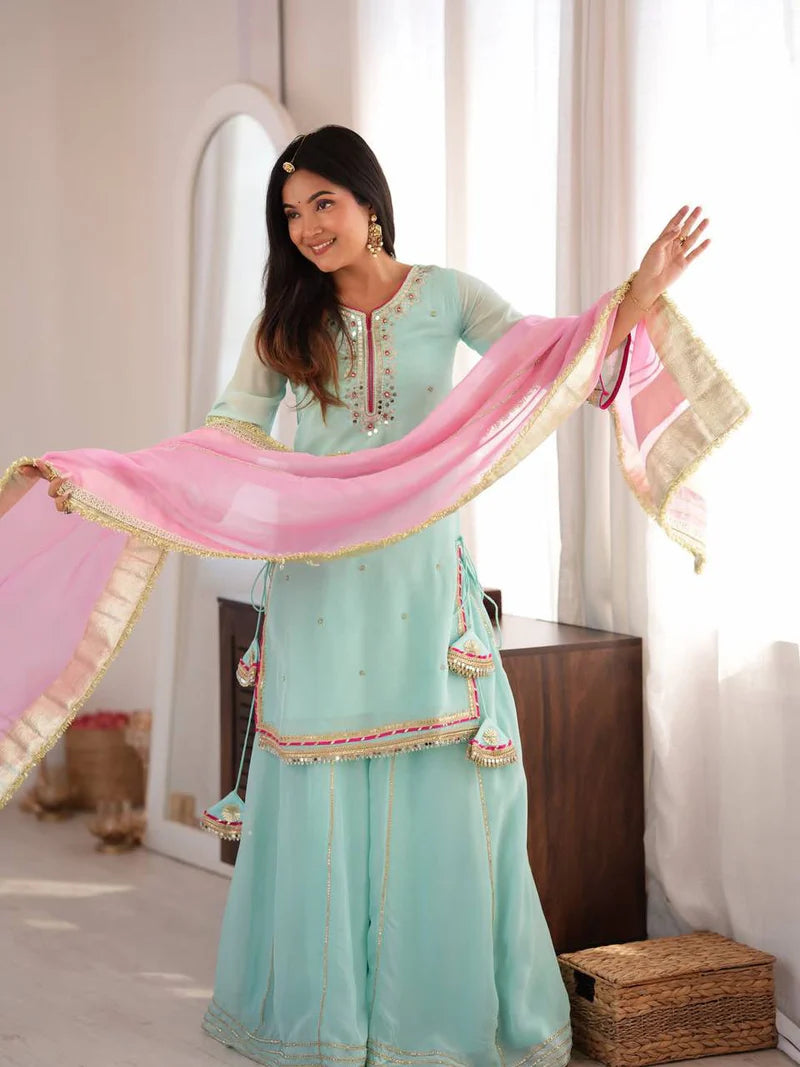 Sky Mint Embroidered Sharara Suit Set with Dupatta