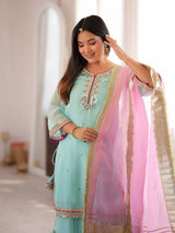 Sky Mint Embroidered Sharara Suit Set with Dupatta