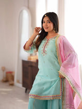 Sky Mint Embroidered Sharara Suit Set with Dupatta