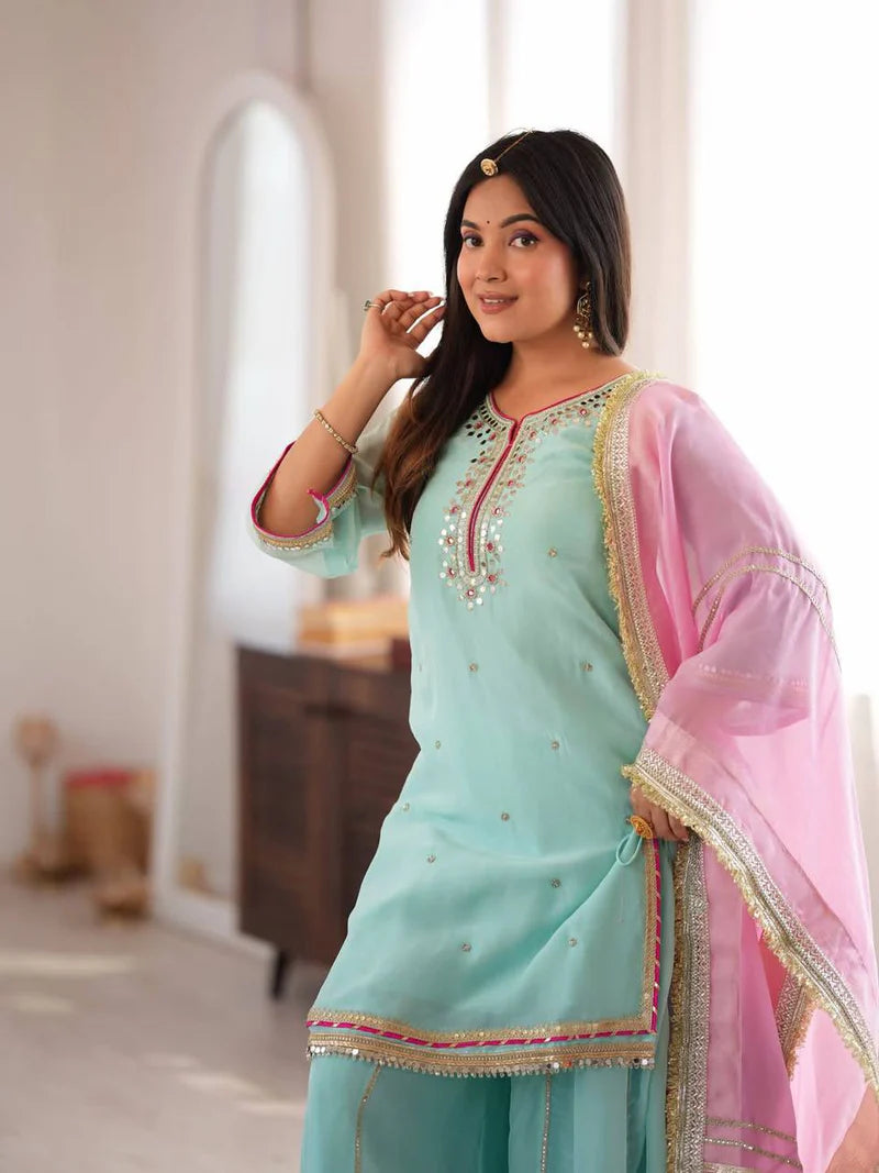 Sky Mint Embroidered Sharara Suit Set with Dupatta