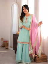 Sky Mint Embroidered Sharara Suit Set with Dupatta