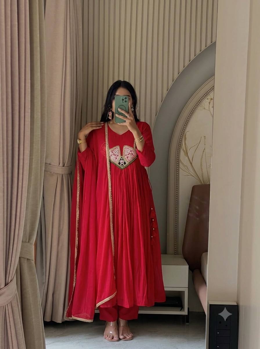 Red Mal Chanderi Anarkali Kurta Set with Dupatta