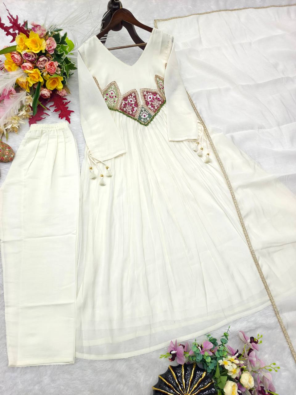 White Mal Chanderi Anarkali Kurta Set with Dupatta