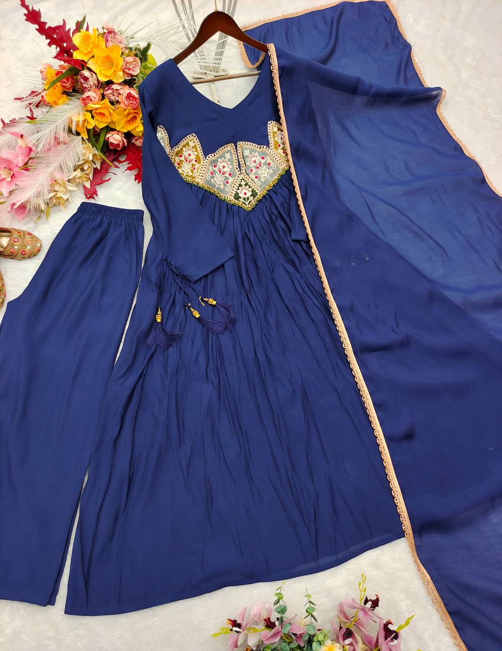 Blue Mal Chanderi Anarkali Kurta Set with Dupatta
