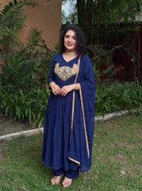 Blue Mal Chanderi Anarkali Kurta Set with Dupatta
