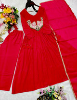 Red Mal Chanderi Anarkali Kurta Set with Dupatta