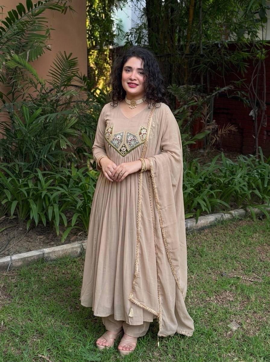 Beige Mal Chanderi Anarkali Kurta Set with Dupatta