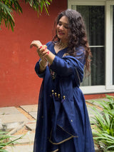 Blue Mal Chanderi Anarkali Kurta Set with Dupatta