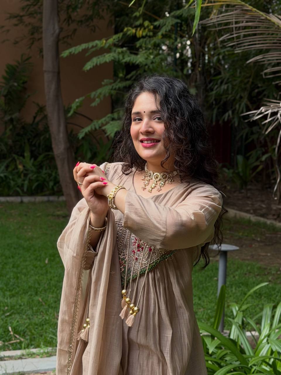 Beige Mal Chanderi Anarkali Kurta Set with Dupatta