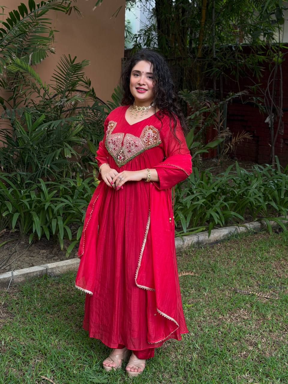 Red Mal Chanderi Anarkali Kurta Set with Dupatta