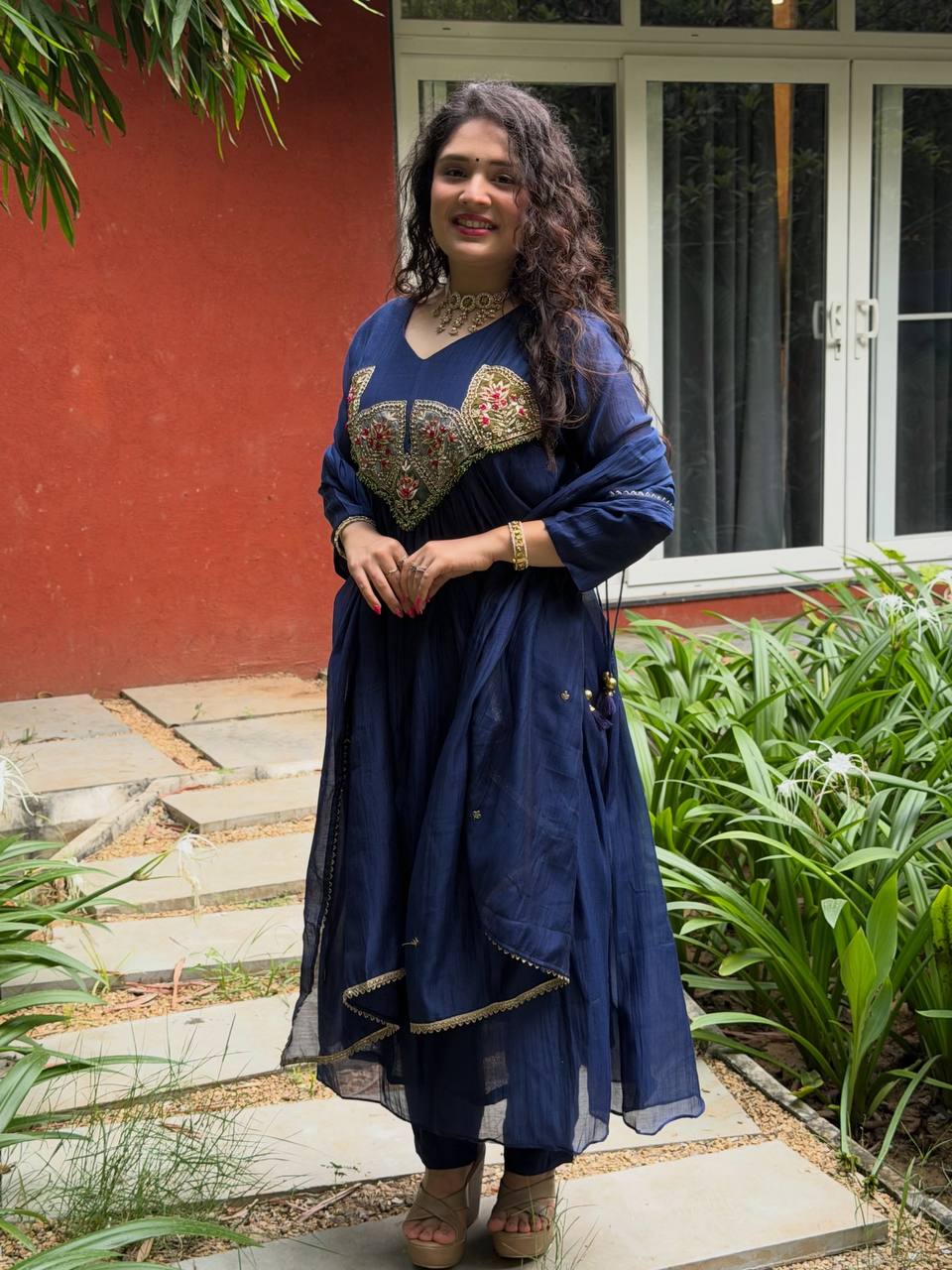 Blue Mal Chanderi Anarkali Kurta Set with Dupatta