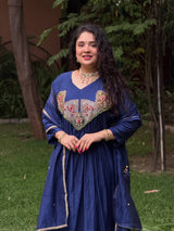 Blue Mal Chanderi Anarkali Kurta Set with Dupatta