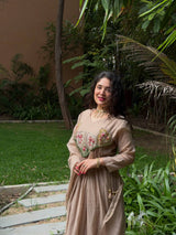 Beige Mal Chanderi Anarkali Kurta Set with Dupatta