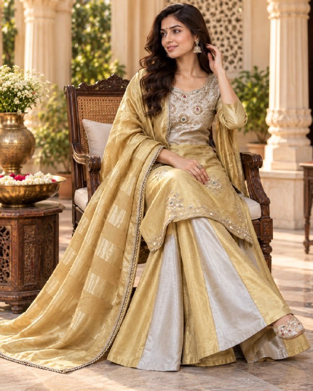 Golden Silver Banarasi Viscose 3 Piece Palazzo Set
