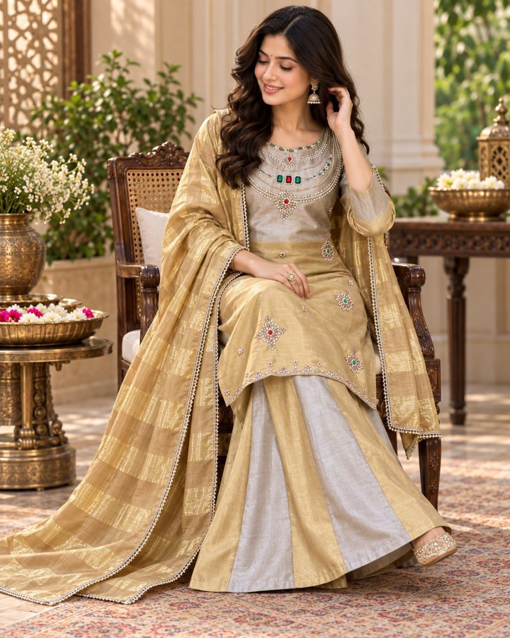 Silver Golden Banarasi Viscose Palazzo Suit Set