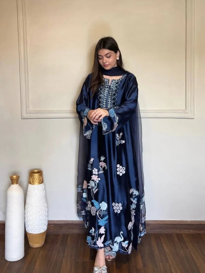 Navy Blue Jura Silk Embroidered Kaftan Pant