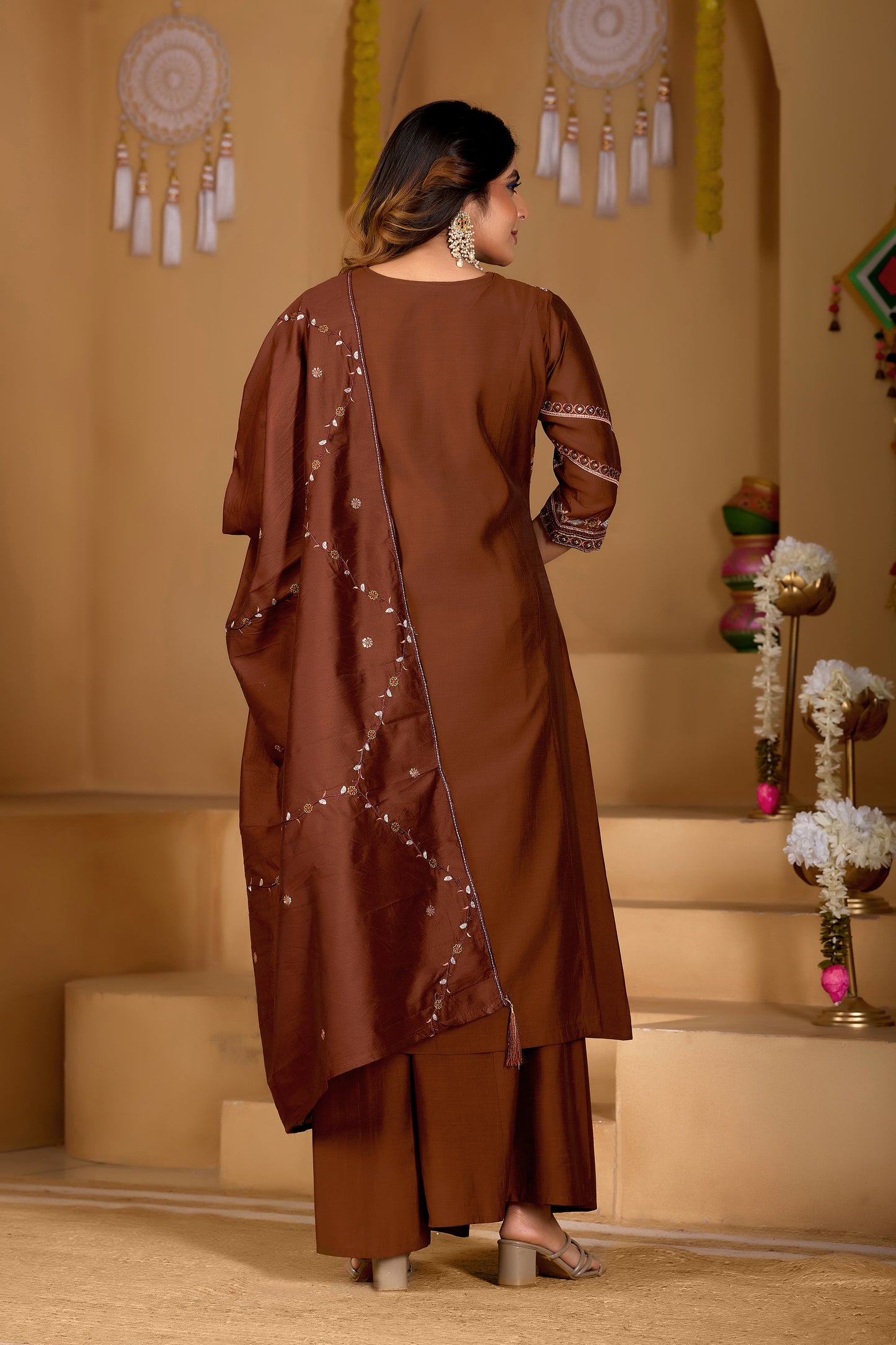 Coffee Viscose Mango Silk Anarkali Kurti Set