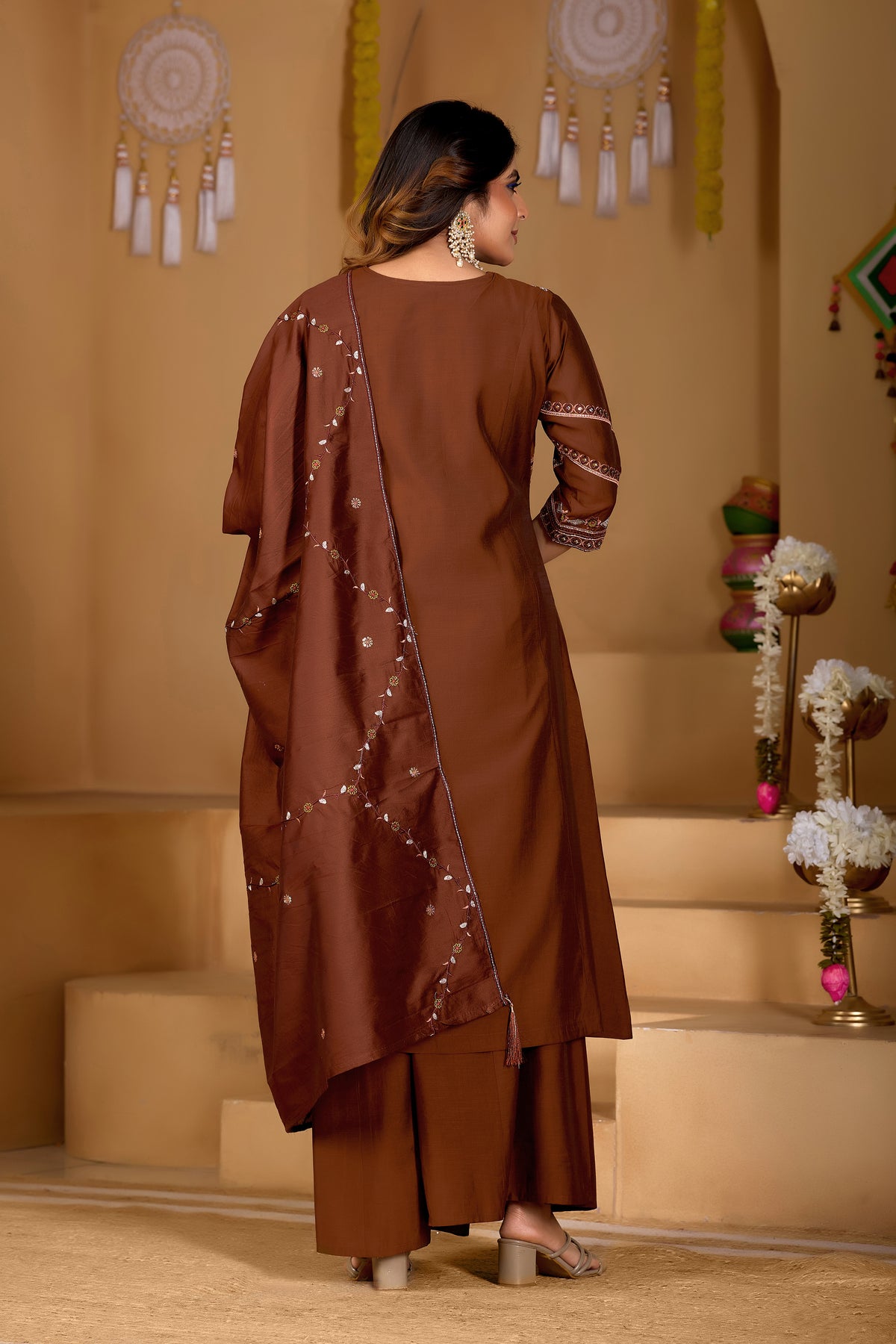 Coffee Viscose Mango Silk Anarkali Kurti Set