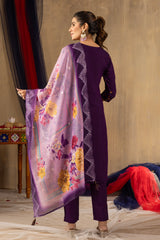 Purple Roman Silk Multi Embroidered Suit Set