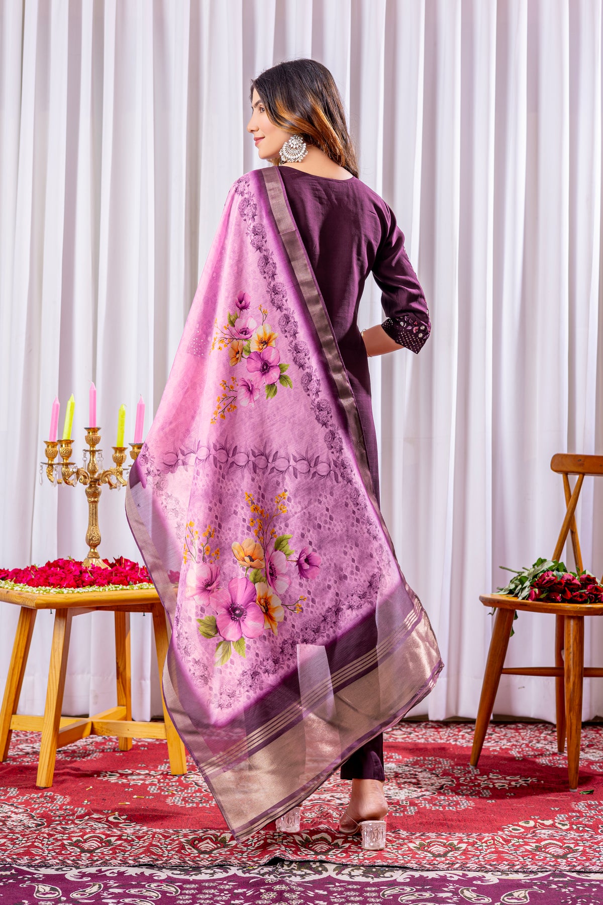 Elegant Wine Viscose Silk Embroidered Kurta Set