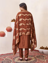 Coffee Brown Roman Silk Embroidered Kurti Pant Dupatta Set