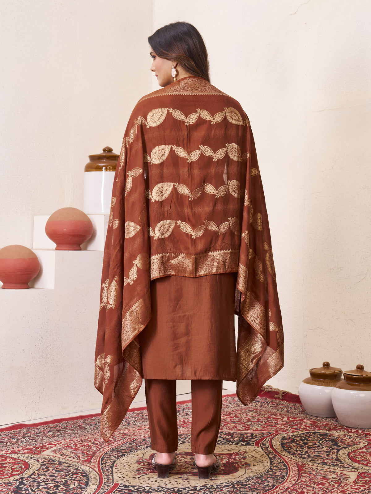 Coffee Brown Roman Silk Embroidered Kurti Pant Dupatta Set