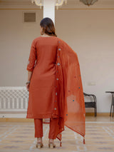 Rust Orange Viscose Mango Silk Embroidered Kurti Set
