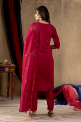Rani Pink Roman Silk Multi Embroidered Suit Set