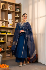 Navy Blue Embroidered Kurti Pant Dupatta Set