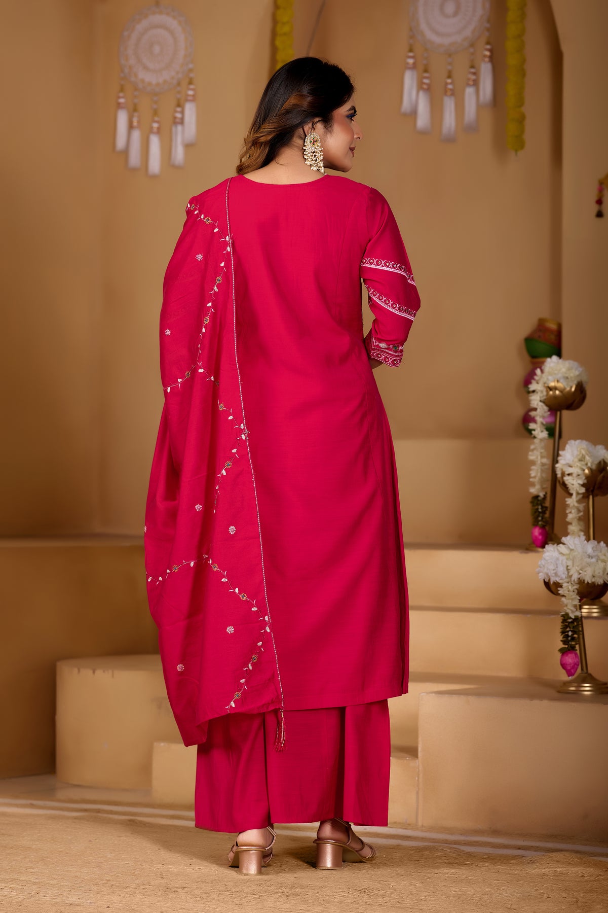 Rani Pink Viscose Mango Silk Anarkali Kurti Set