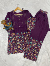 Elegant Wine Floral Printed Pure Cotton Co-Ord Set