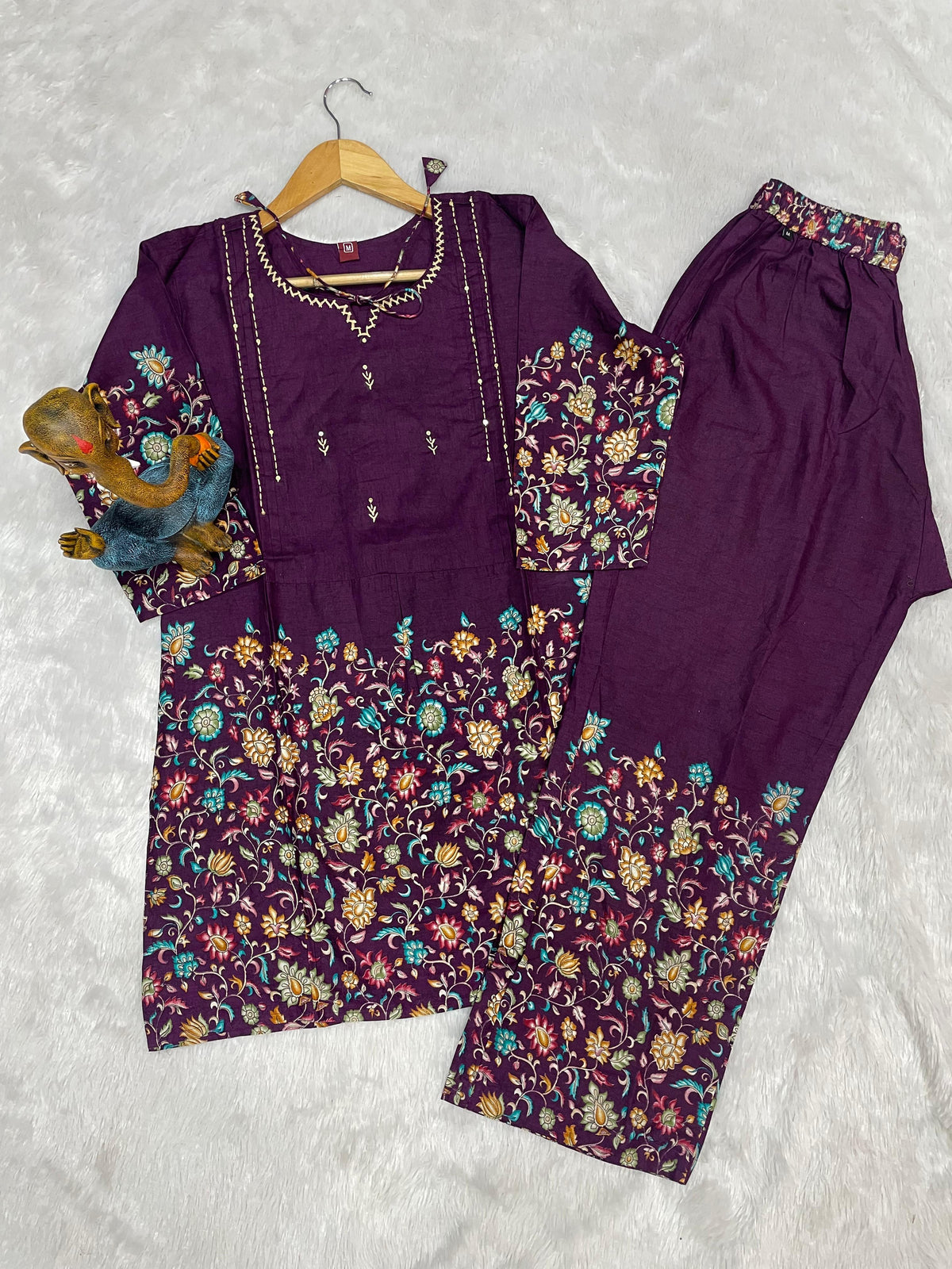 Elegant Wine Floral Printed Pure Cotton Co-Ord Set