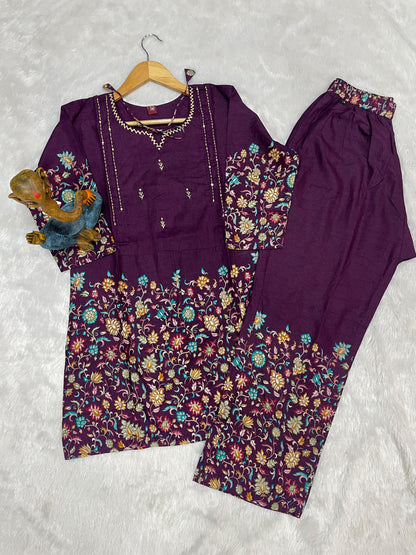 Elegant Wine Floral Printed Pure Cotton Co-Ord Set