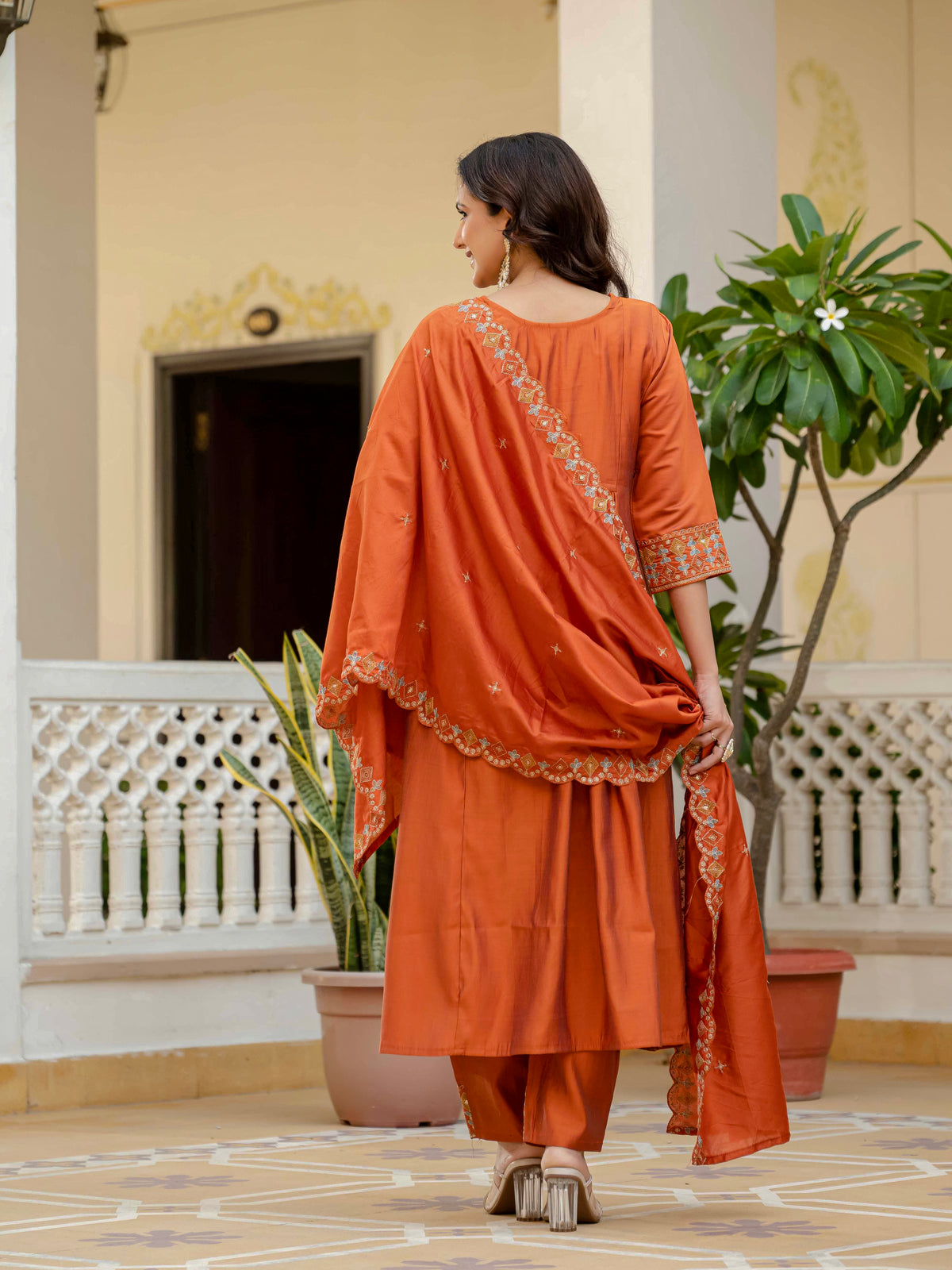 Orange Viscose Roman Silk Anarkali Kurti Pant Set