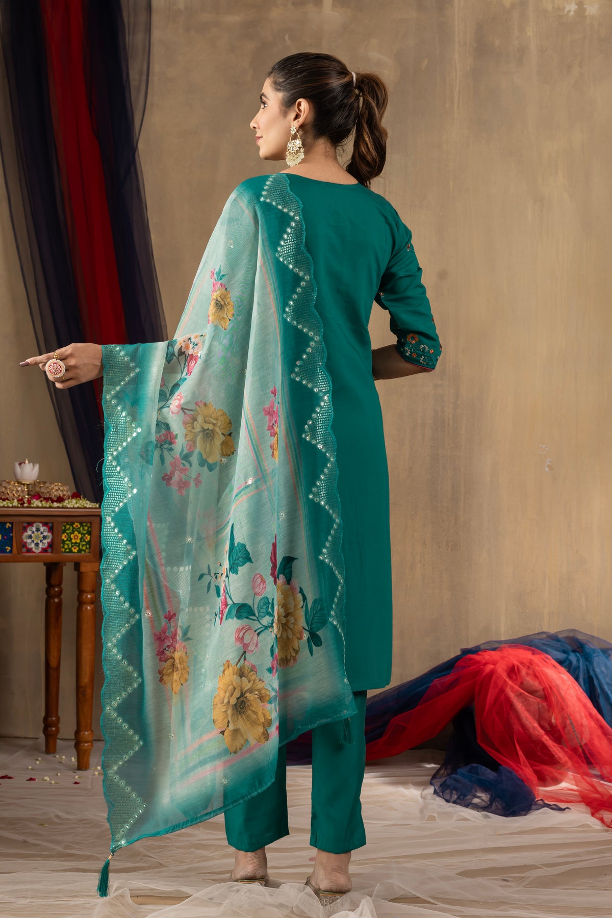 Rama Green Roman Silk Multi Embroidered Suit Set