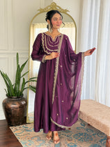 Wine Embroidered Anarkali Suit Set
