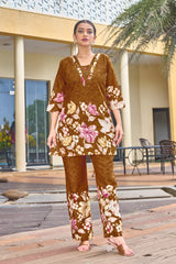 Trendy Brown Pure Cotton Floral Co-ords Set