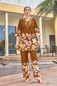 Trendy Brown Pure Cotton Floral Co-ords Set