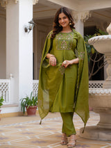 Mehndi Green Viscose Mango Silk Embroidered Kurti Set