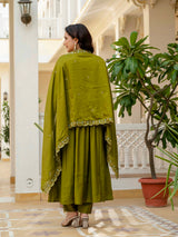 Mehndi Viscose Roman Silk Anarkali Kurti Pant Set