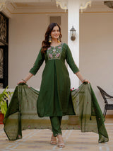 Green Viscose Mango Silk Embroidered Kurti Set