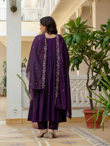 Purple Viscose Roman Silk Anarkali Kurti Pant Set