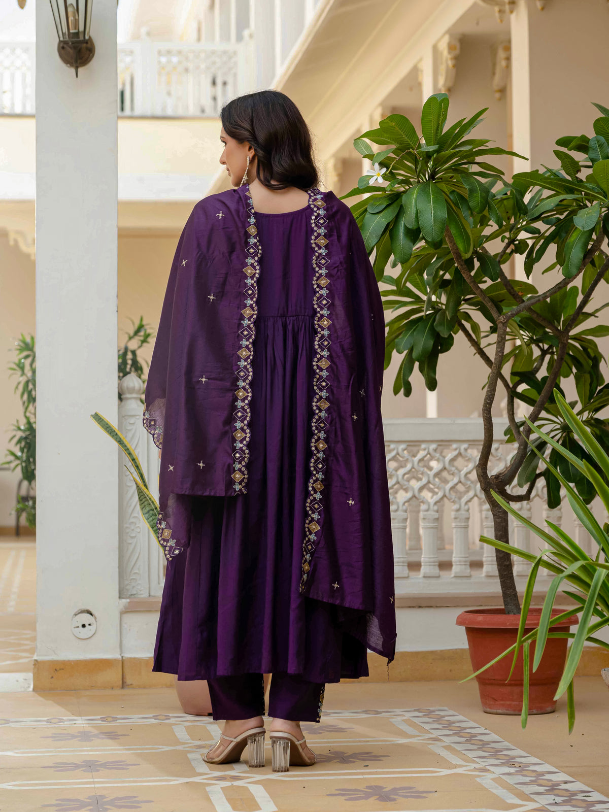 Purple Viscose Roman Silk Anarkali Kurti Pant Set