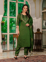 Mehndi Green Marina Silk Multi Embroidered Suit Set