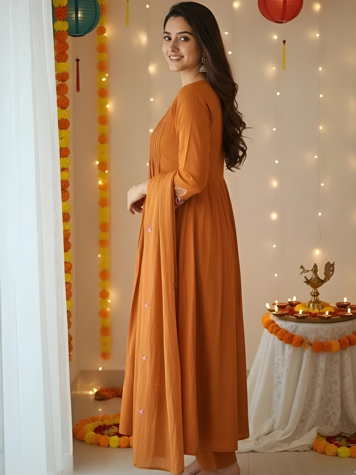 Rust Orange Anarkali Kurti Pant Dupatta Set