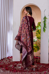 Wine Marina Viscose Silk Multi Embroidered Suit Set