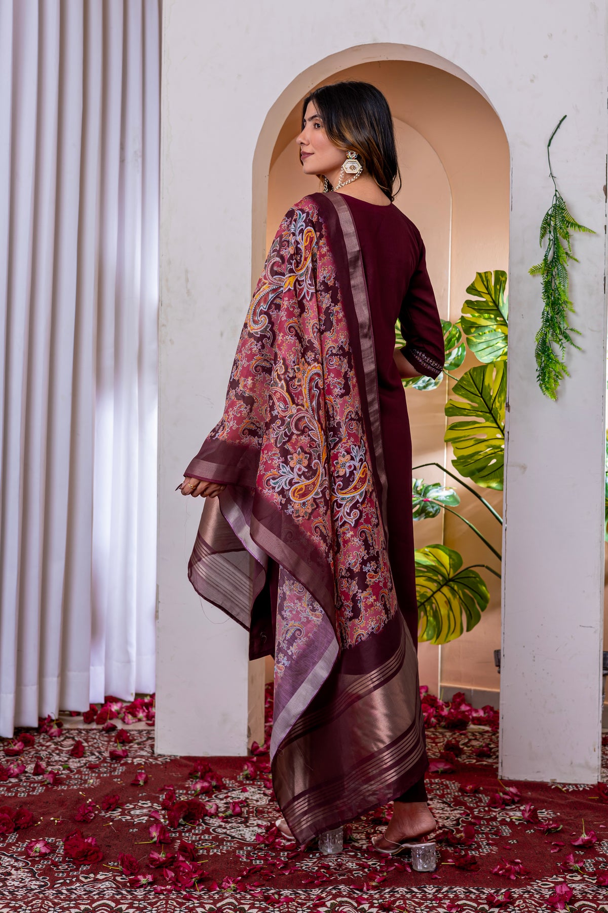 Wine Marina Viscose Silk Multi Embroidered Suit Set