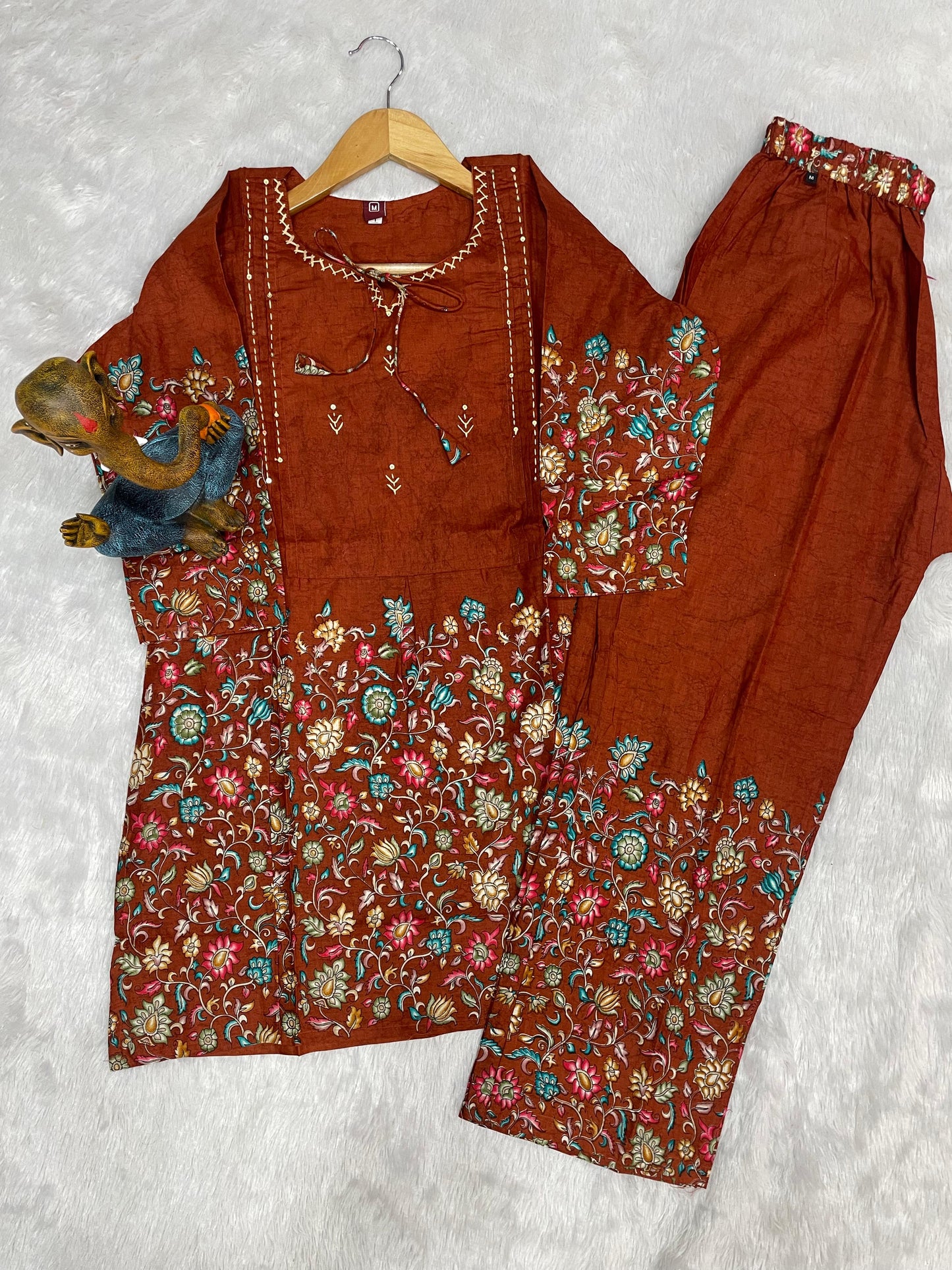 Elegant Rust Floral Printed Pure Cotton Co-Ord Set